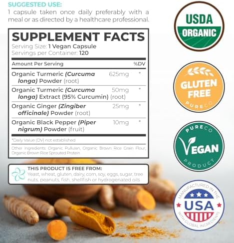 Organic Turmeric Ginger Black Pepper Supplement - High Potency Organic Turmeric Curcumin Capsules with Ginger & Black Pepper for Enhanced Benefits and Absorption - Vegan & Non-GMO (2 Month Supply)