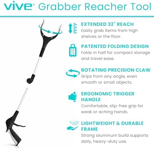 Vive 32" Grabber Reacher Tool - Foldable Pickup Stick with Rotating Jaw & Sensitive Trigger - Heavy Duty Mobility Grip Hand Aid - Extra Reach Extender Claw for Seniors, Elderly, Handicap