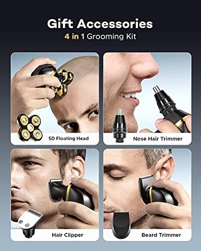 Head Shavers for Bald Men, Waterproof Electric Razor, Wet and Dry Electric Shaver Kit, 5D Bald Head Shaver with LED Display Grooming Kits (Gold)