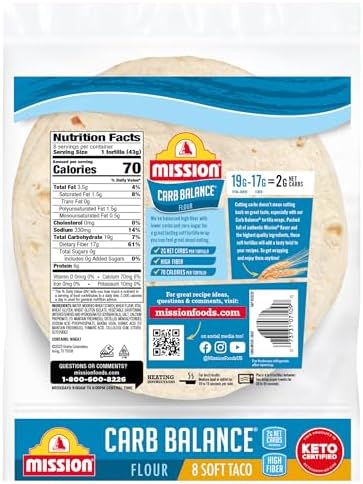 Mission Carb Balance Soft Taco Flour Tortillas, 8 Count, Low Carb, Keto, High Fiber, No Sugar