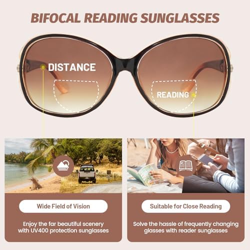 JiSoo Oversized Bifocal Sunglasses for Women, Square Reader Sunglasses Gradient Sun Glasses with Readers Built-in
