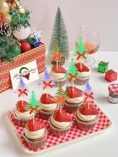 TSJ 18 PCS Christmas Tree Cupcake Toppers Xmas Glitter Cupcake Picks Cake Decorations Christmas Party Supplies