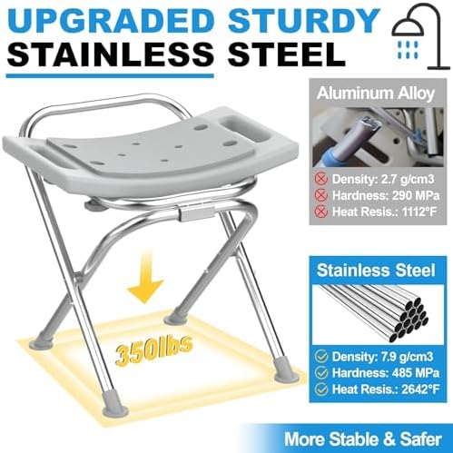 Medhelp Folding Shower Chair for Inside Shower, Stainless Steel Foldable Shower Stool, 400lbs Portable Folding Shower Seat for Travel, Anti-Slip Small Shower Chair for Elderly Disabled Injured, Gray