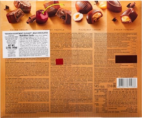 Elegant Milk Chocolate Assortment Candy Box with Cocoa Cream, Cherry Truffle, Creamy Hazelnut & Cream Fondant, 145g/5.11oz