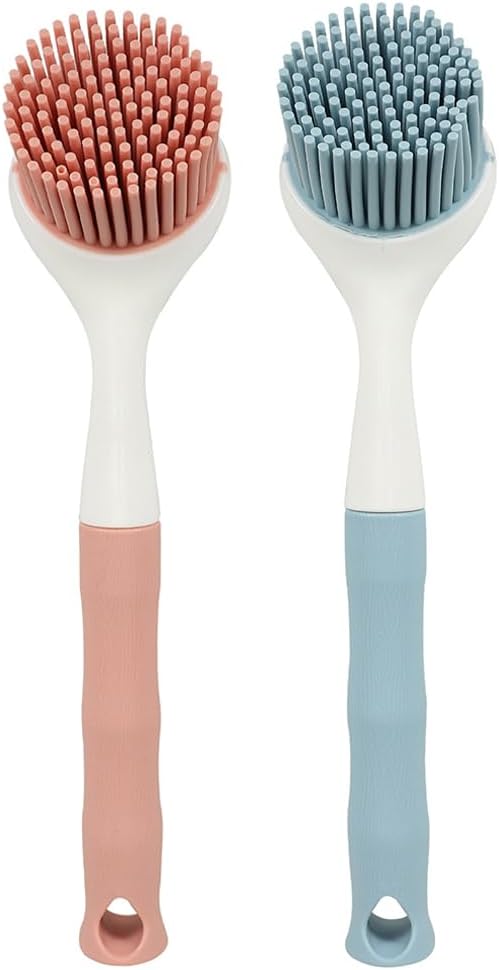 2 PCS Silicone Dishwashing Brush, Non-Stick Pot Scrubber with Long Handle, Durable Scrub Brushes for Cleaning Dishes, Cast Iron Pans, Sinks and Kitchen Cookware, Heat Resistant Cleaning Tool