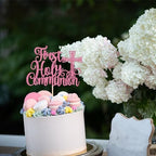 1 Pack First Holy Communion Cake Topper Glitter Cross Religious Cake Picks God Bless Cake Decorations for Baby Shower Religious Theme Kids Frist Birthday Party Decoration Supplies Pink