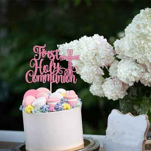1 Pack First Holy Communion Cake Topper Glitter Cross Religious Cake Picks God Bless Cake Decorations for Baby Shower Religious Theme Kids Frist Birthday Party Decoration Supplies Pink
