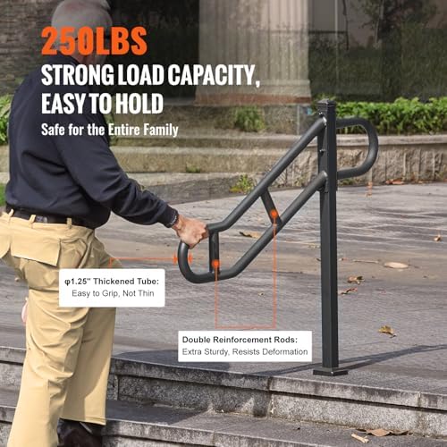 VEVOR Single Post Handrail for Outdoor 1-3 Steps, 40.5" L x 35.4" H Metal Bent Stair Handrails, Floor Mounted Carbon Steel Stair Railing, U-Shaped Post Grab Rails with 2 Anti-Skid Crossbar for Garage