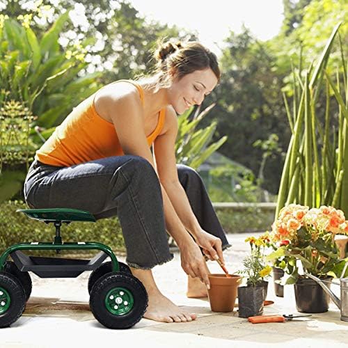 IRONMAX Garden Work Seat with Wheels, Rolling Heavy Duty Gardening Stool with Height Adjustable Seat, Steering Rod, Storage Tray & Basket, Outdoor Garden Yard Lawn Cart with Seat