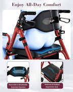 Walkers for Seniors with Seat, Extra Wide 2 in 1 Rollator Walker & Transport Chair with Reversible Backrest & Detachable Footrests, Foldable Wheelchair Combo with 8" Anti-Slip PU Wheels, Red