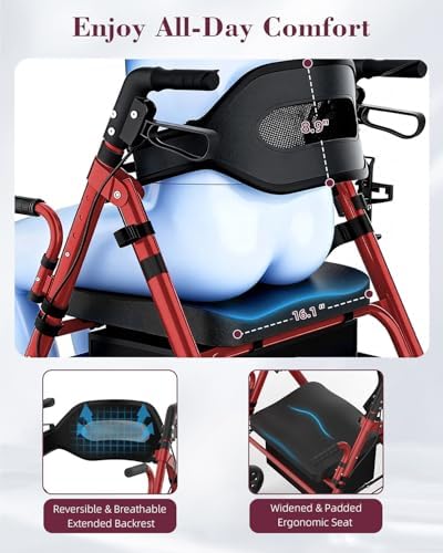 Walkers for Seniors with Seat, Extra Wide 2 in 1 Rollator Walker & Transport Chair with Reversible Backrest & Detachable Footrests, Foldable Wheelchair Combo with 8" Anti-Slip PU Wheels, Red