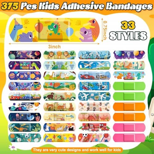 Sublaga 375 Pcs Kids Bandages, 33 Styles Cute Bandage for Kid, Toddler Bandage, Bandages Kids Variety Pack, Adhesive Flexible Cartoon Protection Care Cuts for Girls Boys