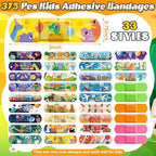 Sublaga 375 Pcs Kids Bandages, 33 Styles Cute Bandage for Kid, Toddler Bandage, Bandages Kids Variety Pack, Adhesive Flexible Cartoon Protection Care Cuts for Girls Boys