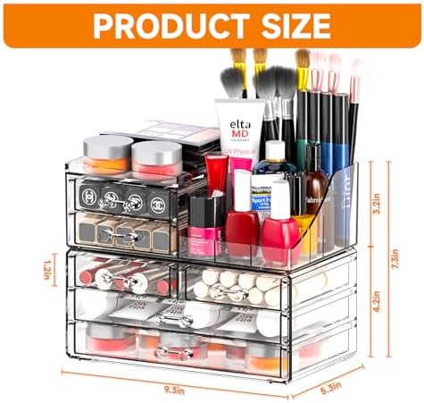 Cq acrylic Make Up Organizers for Vanity With 6 Drawers, 2 Pack Clear Drawer Organizers,Plastic Cute Desk Accessories Organization and Bathroom Organizers Storage Case Box Cube for Beauty,Skin Care