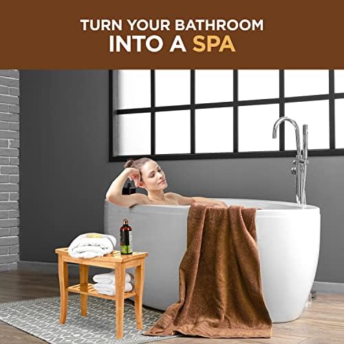 Bamboo Shower Bench - Small Wooden Shower Stool with Storage Shelf, Non-Slip Bathroom Seat, Spa Decor Bath Bench, Foot Rest Shaving Stool for Shower, Indoor Outdoor Use, Great Gift Idea (17" x 9 x 17)