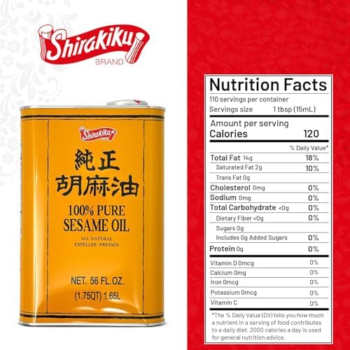 Shirakiku Pure Japanese Sesame Seed Oil - Premium, Low Carb, Expeller Pressed and Rich Flavor Natural Sesame Seed Oil - Perfect for Authentic Oriental Asian Cuisine (Toasted) - 56 Fl Oz