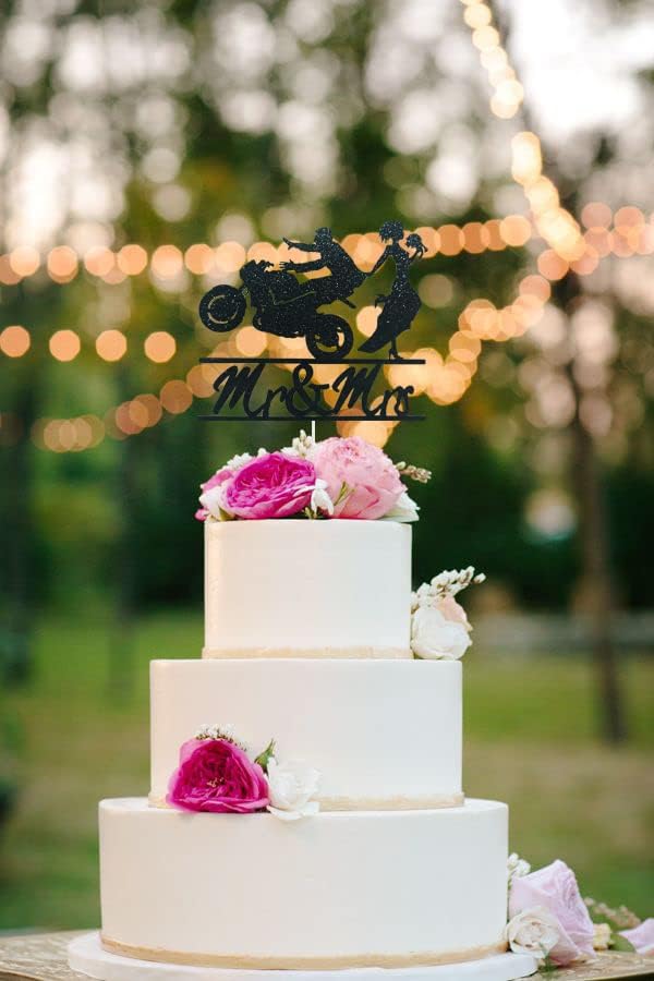 Motorcycle Wedding Cake Topper Let Go of The Motorcycle and Get Married with Me Cake Decor Funny Bride and Groom with Motorcycle Cake Topper for Wedding/Anniversary/Bridal Shower Party