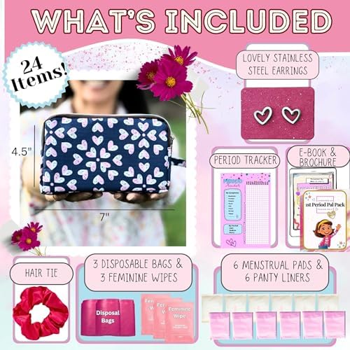 Mark and Lola's First Period Pal Pack to-Go Kit | 24 pcs | First Period Kit for Tweens | Teen Period Kit| Discrete Period Bag, Pads, Panty Liners, Period Kits for Tweens 10-12 (Hearts)