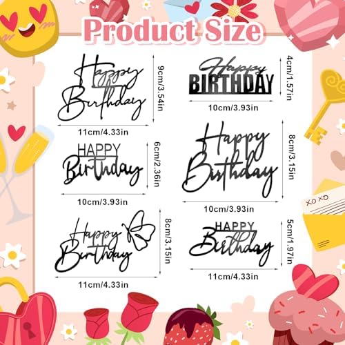 6Pcs Cake Toppers Happy Birthday Acrylic Cake Topper Happy Birthday Cake Sign Picks Happy Birthday Cake Decorations Cake Stick Decor for Celebrating Birthday Anniversary Party(Black)