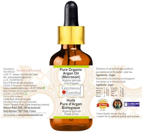Greenwood Essential Pure Organic Argan (Moroccan) Oil (Argania spinosa) with Glass Dropper Cold Pressed 50ml (1.69 oz)