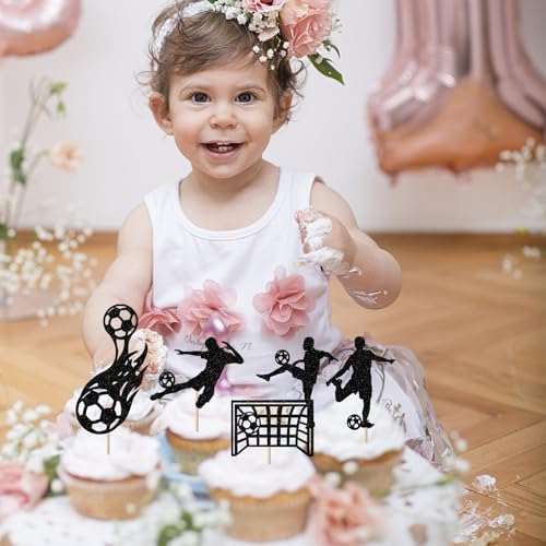 Rsstarxi 24 Pack Soccer Cupcake Toppers Glitter Goal Game Trophy Football Sports Cupcake Picks Decoration for Football Theme Baby Shower Boys Birthday Party Cake Decorations Black
