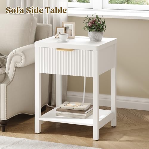 Lulive Modern White Night Stand, Fluted Nightstand with Charging Station, Wood Modern Bedside End Table with Storage Drawer for Bedroom, Save Space (Set of 1, White)