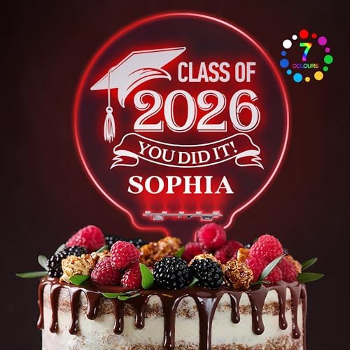 LED Personalized Graduation Cake Topper Gifts 7 Colour Changes Light Up Custom Acrylic Congrats Grad Cake Topper with Any Name for University College High School Cake Decorations(Design 2)