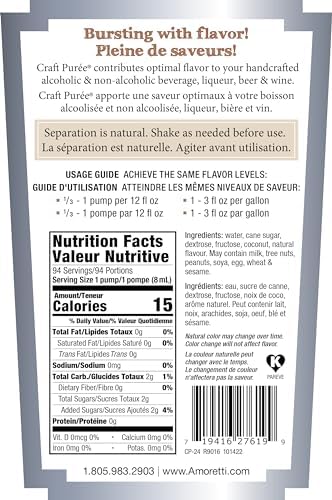 Amoretti - Coconut Craft Puree 750 ml, Perfect for flavoring Cocktail, Brewing, Beer, Wine, alcoholic beverages, and Mocktail, Drink Mix, Mixers, Made of Real Fruit, No Preservatives, with Pump
