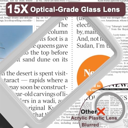 15X Magnifying Glass with Light and Stand, Real Glass Lens, Rechargeable Foldable Handheld Magnifier, 3 Color Modes Dimmable Lighted Page Magnifier for Reading Fine Prints, Low Vision Seniors