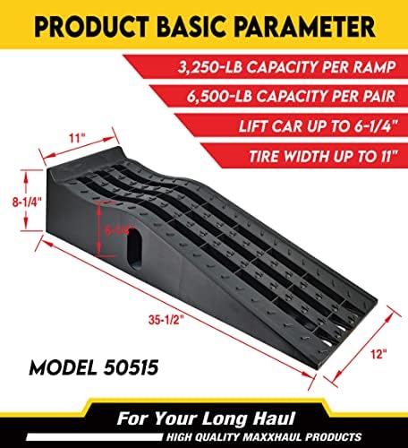 MaxxHaul 50515 6.25" Lift Car Ramps, 2-Pack – 13,000lb GVW, Deep Grooved Surface for Stable Tire Placement, Heavy-Duty, Black