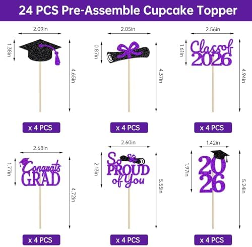 24 Pcs Graduation Cupcake Toppers 2026 - Congrats Grad Decorations Class of 2026, Pre-Assembled Purple Grad Cake Topper Centerpieces for Graduation Party Decoration Supplies Table Decor, 6 Styles