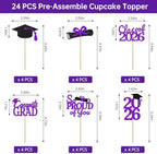 24 Pcs Graduation Cupcake Toppers 2026 - Congrats Grad Decorations Class of 2026, Pre-Assembled Purple Grad Cake Topper Centerpieces for Graduation Party Decoration Supplies Table Decor, 6 Styles