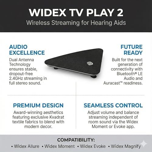 TV Play 2 Wireless TV Streamer for Hearing Aids with Stereo Sound, with Bluetooth LE Audio & 2.4GHz – Works with Widex Allure, Moment & Evoke
