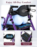 Walkers for Seniors with Seat, Extra Wide 2 in 1 Rollator Walker & Transport Chair with Reversible Backrest & Detachable Footrests, Foldable Wheelchair Combo with 8" Anti-Slip PU Wheels, Purple