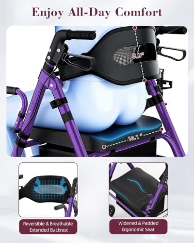 Walkers for Seniors with Seat, Extra Wide 2 in 1 Rollator Walker & Transport Chair with Reversible Backrest & Detachable Footrests, Foldable Wheelchair Combo with 8" Anti-Slip PU Wheels, Purple
