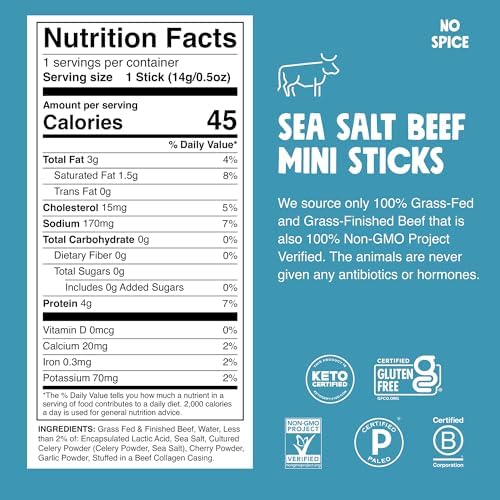 Chomps Snack Size Grass-Fed and Finished Sea Salt Beef Jerky Snack Sticks 0.5oz 24-Pack - Keto, Paleo, Whole30, 4g Lean Meat Protein, Gluten-Free, Zero Sugar Food, Non-GMO Chomplings