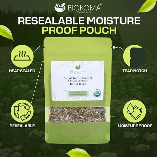 Biokoma Organic Southernwood Dried Herb 50g 1.76oz Loose Artemisia abrotanum Digestive Calming Botanical Insect Repellent USDA Organic Herbal Tea Resealable Pouch Pure No Preservatives No GMO Kosher