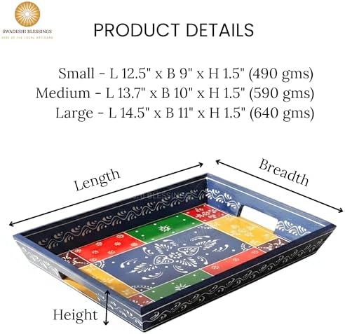 Swadeshi Blessings Wooden Serving Tray Set- Handcrafted & Hand-Painted for Kitchen/Table & Home Decor/Dinning/Gifts/Restaurants/Living Room/Coffee Table (Set of 3 Trays) (Blue)