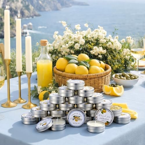 Treela 24 Pcs Capri Lemon Candles Favors Italian Lemon Scented Candle Tins with Lids Amalfi Coast Gifts for Mediterranean Wedding Bridal Baby Shower Party Favors Decorations