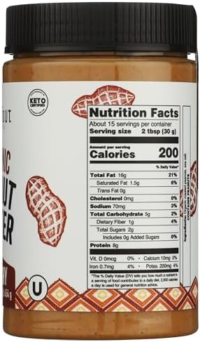 Just About Foods Organic & Keto Peanut Butter Crunchy 1 lb Gluten-Free, No Sugar Added, Palm Oil Free Single Ingredient, Unsweetened Peanut Spread
