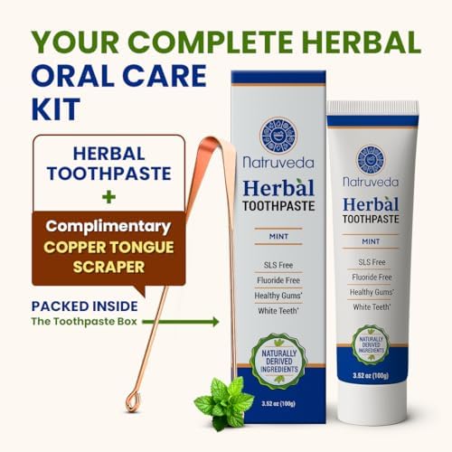 Neem Herbal Toothpaste with Complimentary Copper Tongue Scraper | Fluoride Free, SLS Free, Natural Toothpaste for Adults | Ayurvedic Oral Care with Miswak | 3.52 oz (2 Pack)