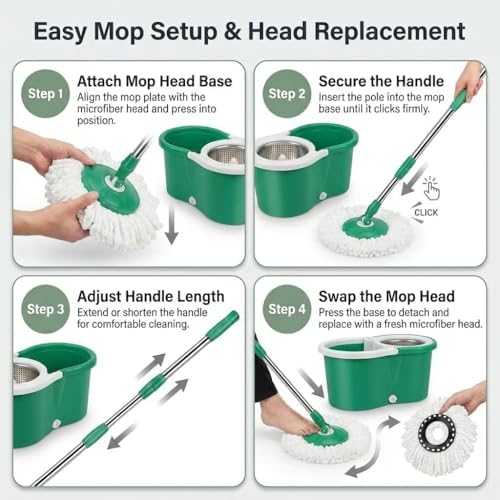 Spin Mop & Bucket Set with 2 Microfiber Mop Heads | 360° Rotating Spin Mop for Floor Cleaning, Stainless Steel Telescopic Handle 90-120cm,Compact Easy-Clean Bucket Household & Kitchen Essentials