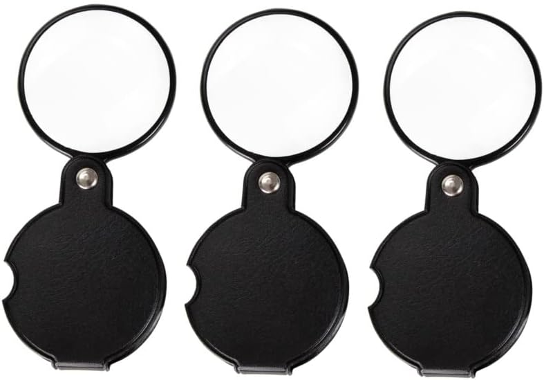 3pcs10x Small Pocket Magnify Glass Premium Folding Mini Magnifying Glass with Rotating Protective Leather Sheath, Apply to Reading, Science, Jewelry, Hobbies, 1.96in.