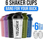 VELOMIX -6 PACK- 28 oz Protein Shaker Bottle for Protein Mixes -6x Wire Whisk | Leak Proof Shaker Cups for Protein Shakes | Large, Stackable Protein Shaker Bottle Pack