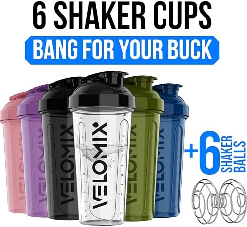 VELOMIX -6 PACK- 28 oz Protein Shaker Bottle for Protein Mixes -6x Wire Whisk | Leak Proof Shaker Cups for Protein Shakes | Large, Stackable Protein Shaker Bottle Pack