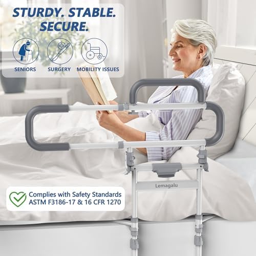 Heavy Duty Bed Rails for Elderly Adults Safety-Foldable Bed Rail for Senior with Adjustable Heights Fits All Bed Sizes，Bed Handle Bedside Assist with Pocket -504M (White and Gray)