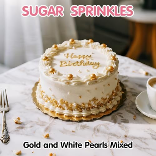 Edible Pearl Sprinkles,130g,White Gold Candy Mixing Size,Baking Pearls Sprinkle Edible Cake Decorations Cupcake Toppers,Cookie Decorating Celebrations Wedding Mother's Day Birthday Party Supplies