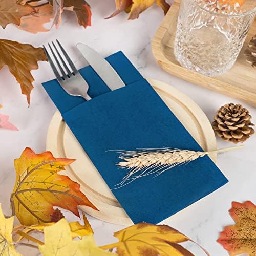 Linen-Feel Navy Blue Paper Napkins, 50 Pcs Cloth Like Dinner Napkins with Built-in Flatware Pocket, Pre-Folded Absorbent Disposable Guest Paper Hand Towels for Bathroom, Weddings Party
