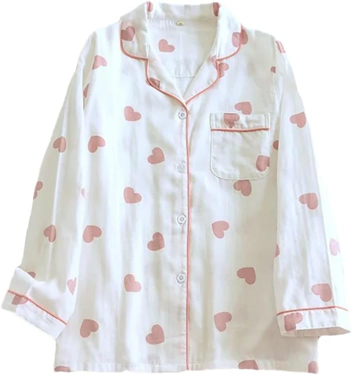 REHJJDFD Women's Cotton Gauze Homewear Pajama Suit Casual Printed 2Pcs Turn Down Collar Nightwear Pijamas