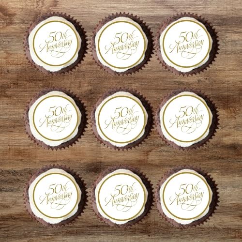 Golden 50th Wedding Anniversary Edible Wafer Card Cupcake Decorations for Special Milestone Celebrations, 24 x 1.77 Inch 4.5cm Uncut